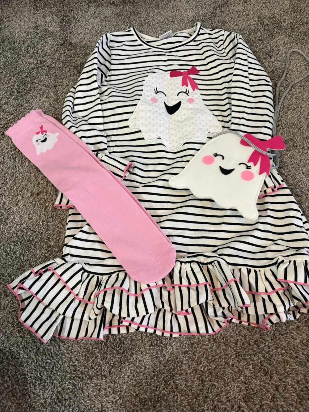 Girls' Black & White Striped Dress with Pink Ghost Accents